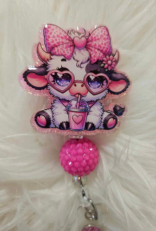 Pink Hyland Cow Badge Reel